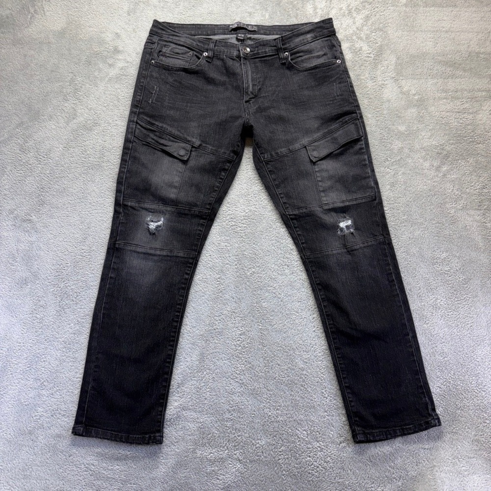 Southpole Jeans Mens 36X30 Black Cargo Skinny Flex Distressed Moto Denim